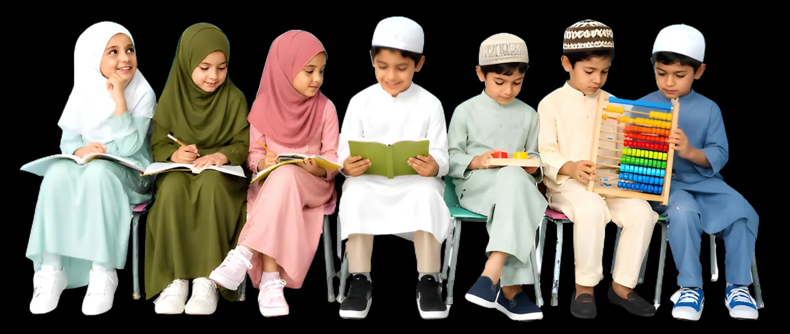 Muslim children sitting together reading and learning at ZeeQue Preschool